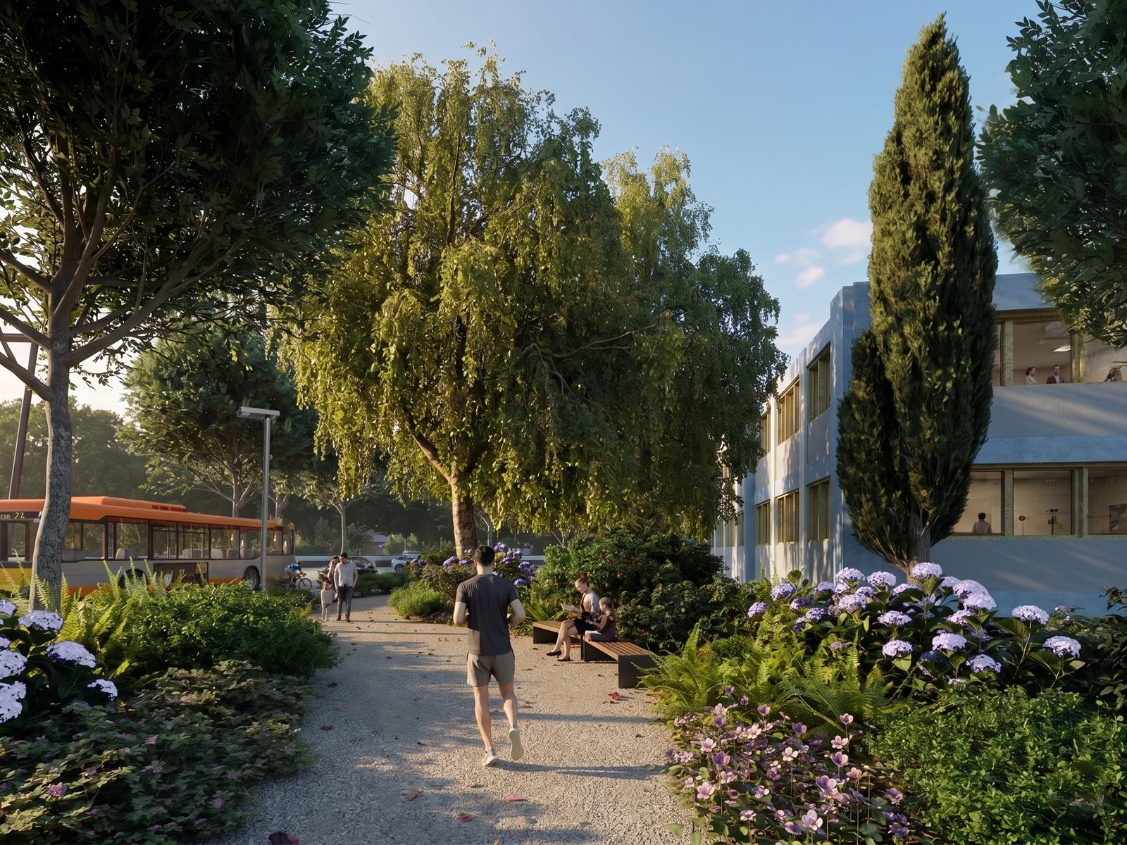 Projet : vue 3D, une allée plantée et fleurie remplace le parking devant le Bureau des Autos