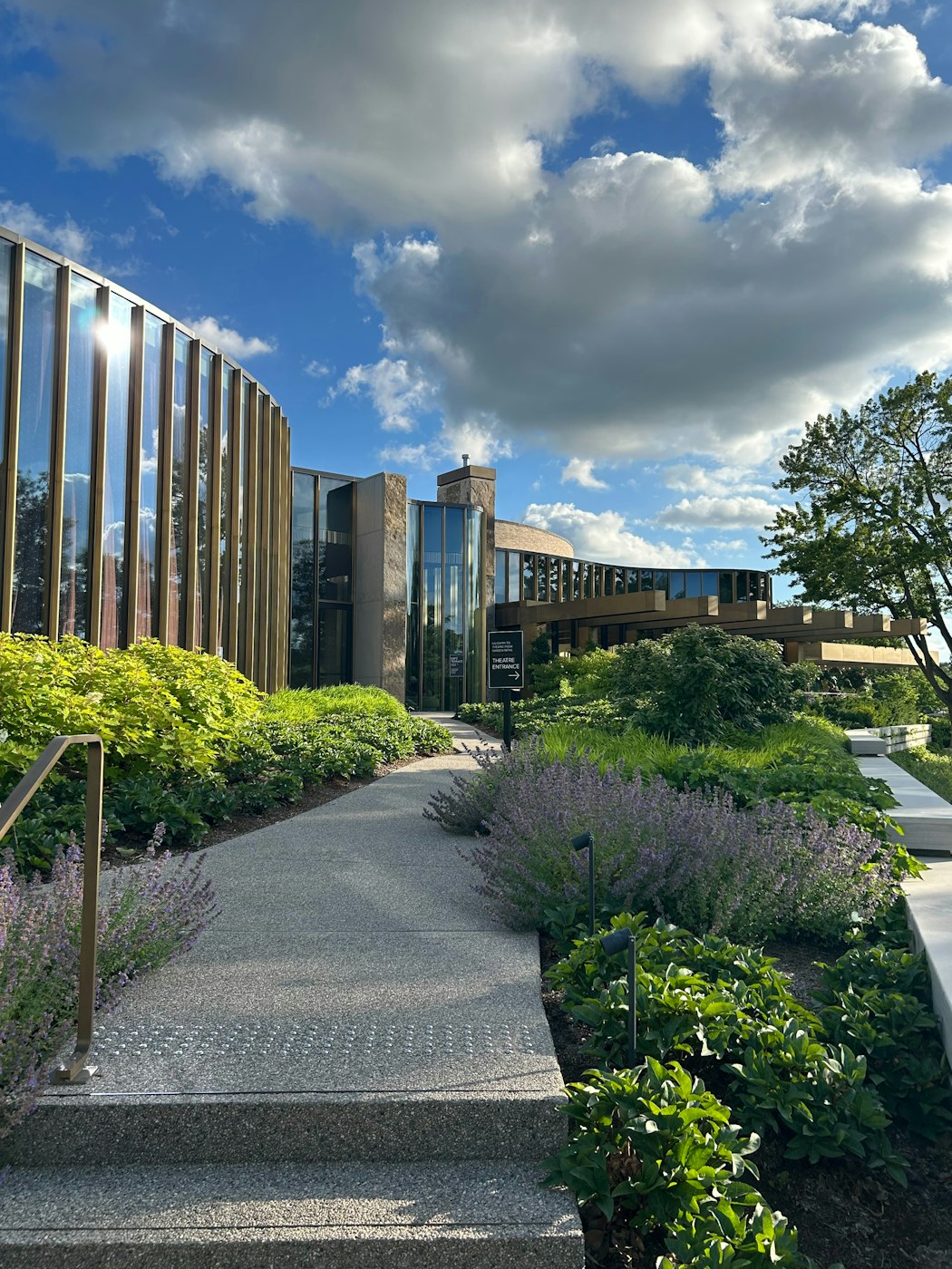 Abords paysagers d’un bâtiment contemporain : allée bordée de népétas, d’hostas et d’arbustes, devant une façade vitrée courbe