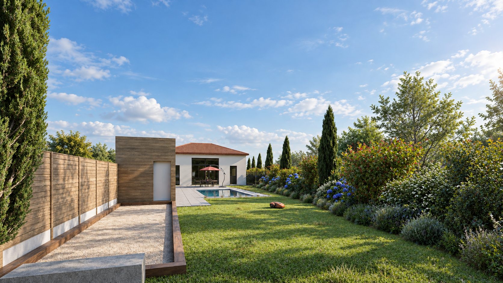 Vue 3D d’un jardin privé à Ludres, depuis le terrain de pétanque vers la maison : pelouse, massifs fleuris et piscine
