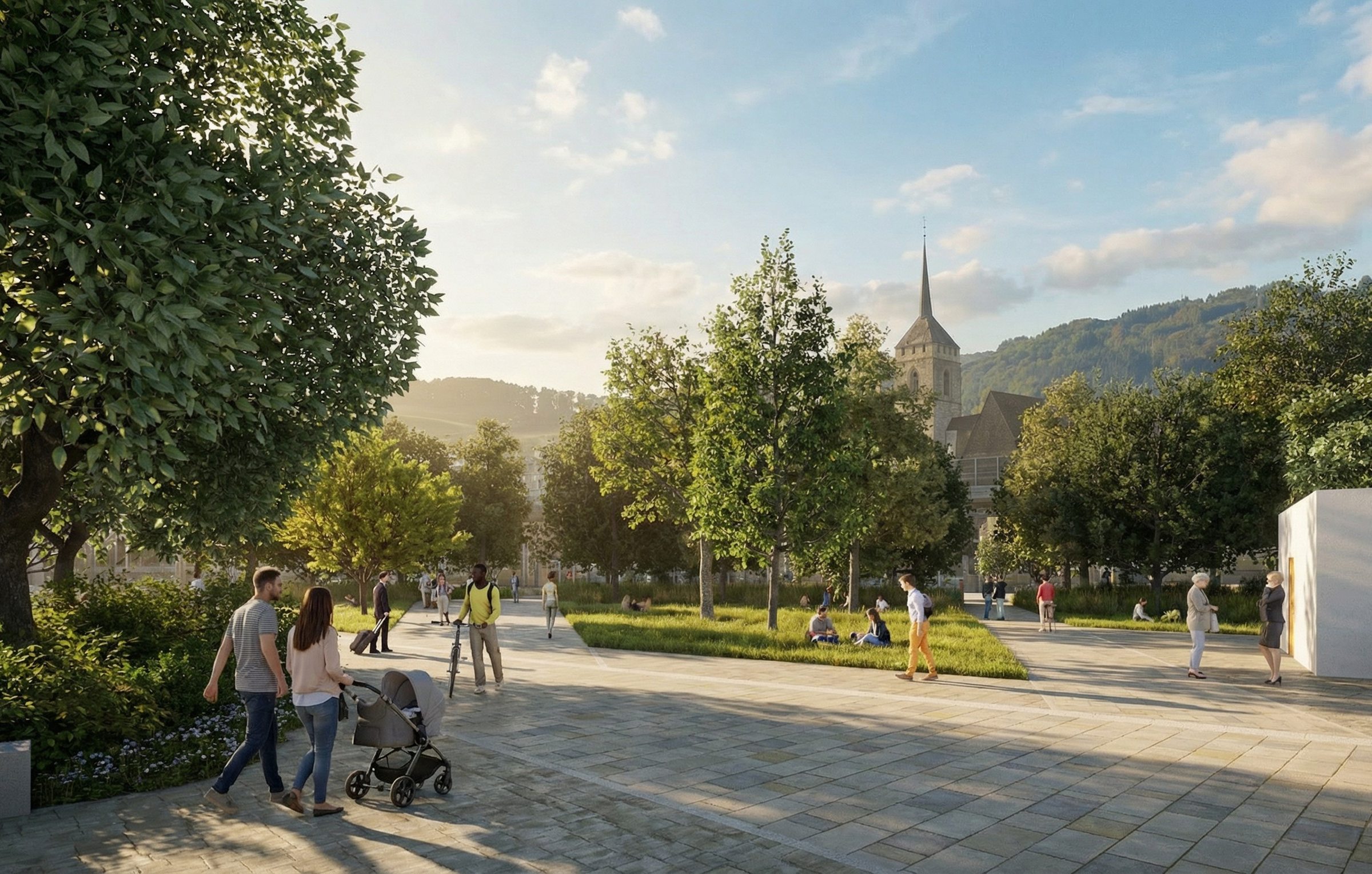 Vue 3D de l’espace gare de Moudon : esplanade plantée, pelouses et promeneurs