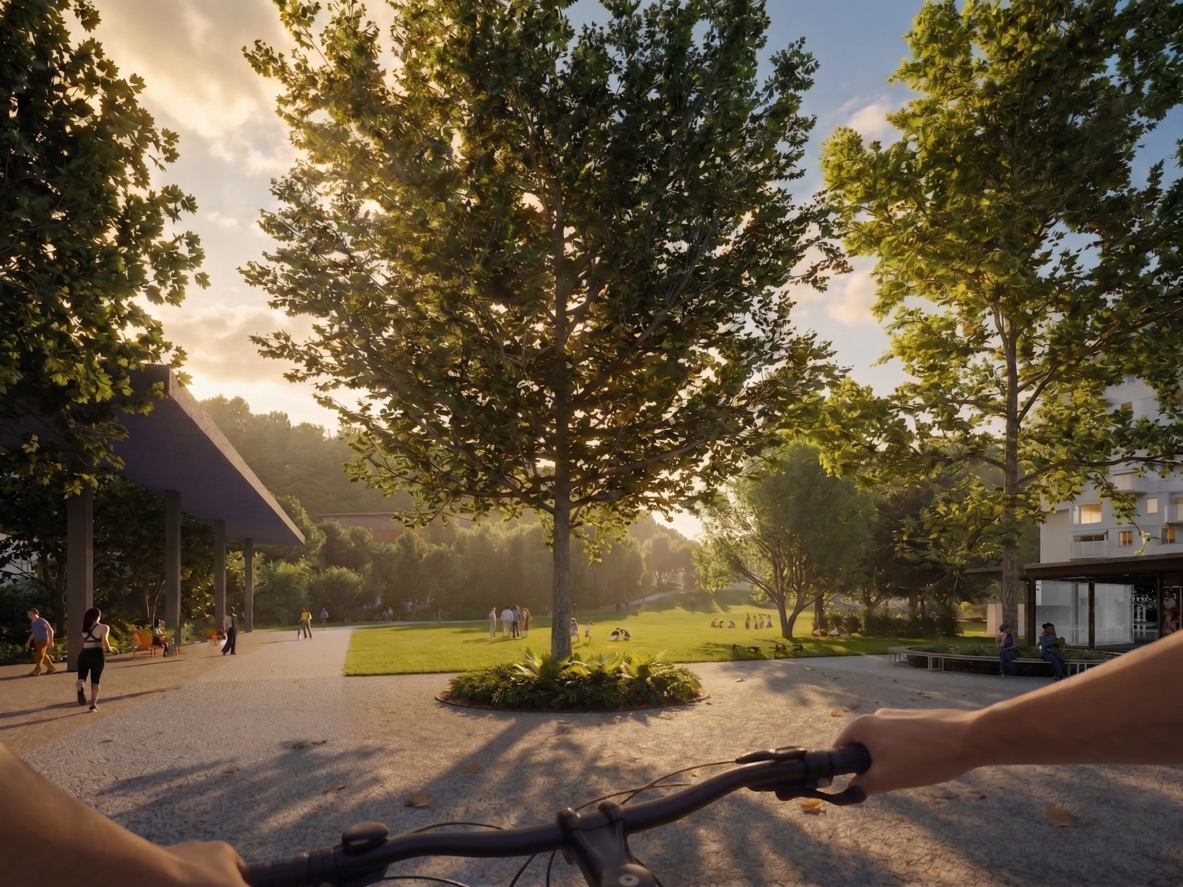 Vue 3D de la place des Fontenettes, à Carouge, vers la grande pelouse et le bois de Pinchat