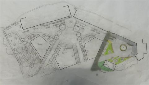 Calque 6 : plan d’esquisse au crayon, en partie mis en couleur
